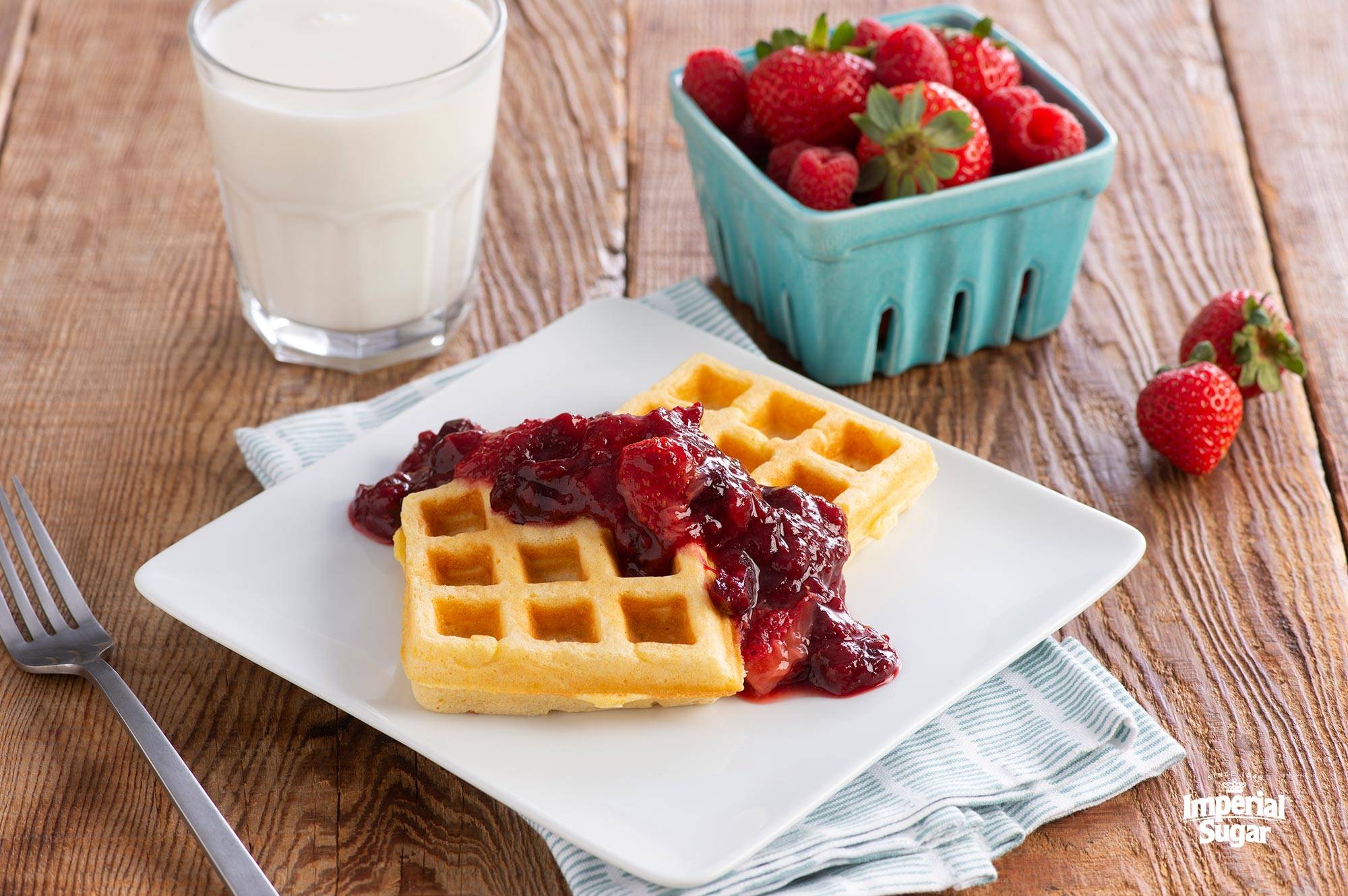 Cornmeal Waffles with Strawberry & Cranberry Fruit Compote | Imperial Sugar