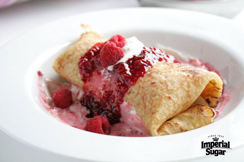 Chocolate Stuffed Crepes with Raspberry Sauce